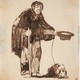 sepia-toned ink sketch of man dressed in rags with walking stick in one hand and the other holding out a hat, with a leashed dog lying at his feet