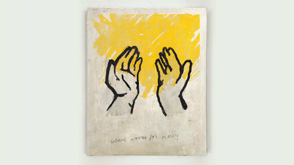 painting of two outstretched hands as black outlines, palms facing up, covered with yellow paint as if they are holding something light, with the words '