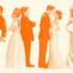 Graphic illustration of various figurines showing different couples in wedding attire.