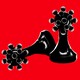 Illustration of two chess-pieces, pawns with coronavirus-shaped heads. One is tipped over.