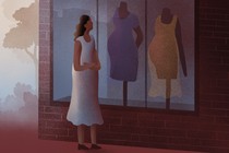 An illustration of a woman walking past a maternity store.