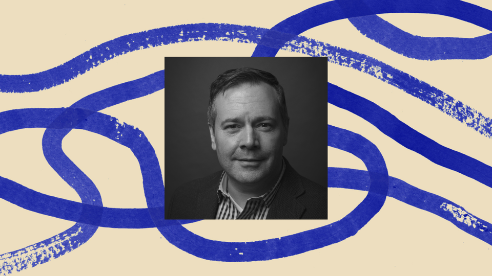 A black-and-white photo of Jason Kenney, surrounded by an illustrated border