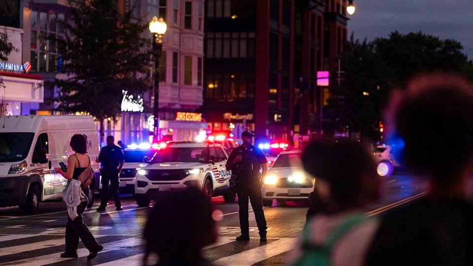 A Metropolitan Police Department officer during a "Free DC" protest in Washington, DC, US, on Thursday, Aug. 21, 2025.