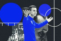 photo illustration of Jon Scheyer with Mike Krzyzewski in the background