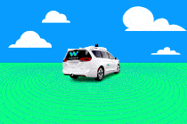 An illustration of a white Waymo van emitting radio signals
