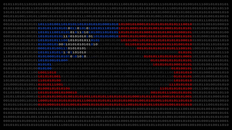 An illustration composed of ones and zeros that shows a Taiwanese flag with a silhouette of a tank