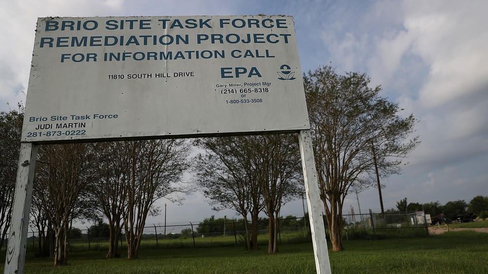 A sign at the Brio Superfund site on September 4, 2017, in Friendswood, Texas