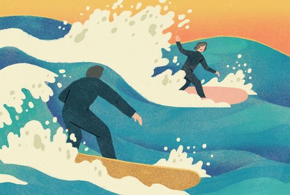 Illustration of a man and an older woman in wet suits surfing on waves. The man is in the foreground and faces the woman, who is waving to him.