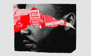 An illustration of Martin Luther King Jr.'s face obscured by signs protesting against critical race theory