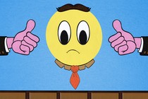 Illustration of a round yellow face frowning with two pink thumbs-up on either side of it