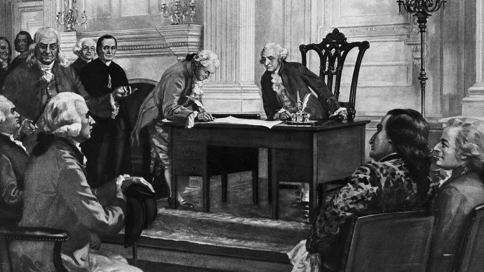 George Washington watches from his desk as a delegate signs the Constitution.