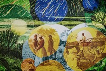 Illustration showing Harriet Tubman working the land and colorful bubbles