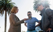 Shiv, Roman, and Kendall Roy surrounded by palm trees in Season 4 Episode 1 of 'Succession'