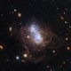 Two small clumps of bright stars appear in the center of a small irregular galaxy, surrounded by a faint cloud of dust and backdropped by many other distant galaxies.