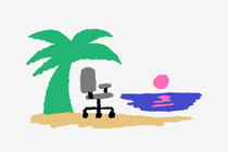 Office chair on a beach with a palm tree