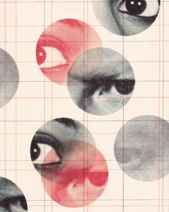 Photo-illustration of circular red and black photos of many different eyes watching, with grid overlay.