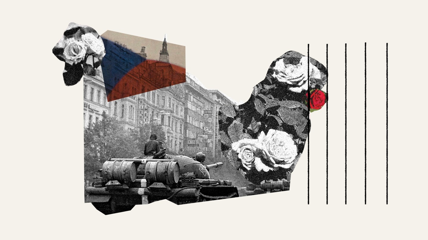 A collage with images of roses and a black and white photograph from the Soviet invasion, showing a tank going down a street