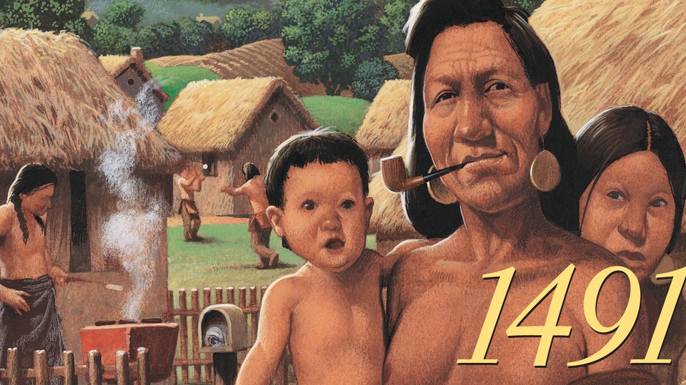 Illustration of Native Americans with "1491" overlay