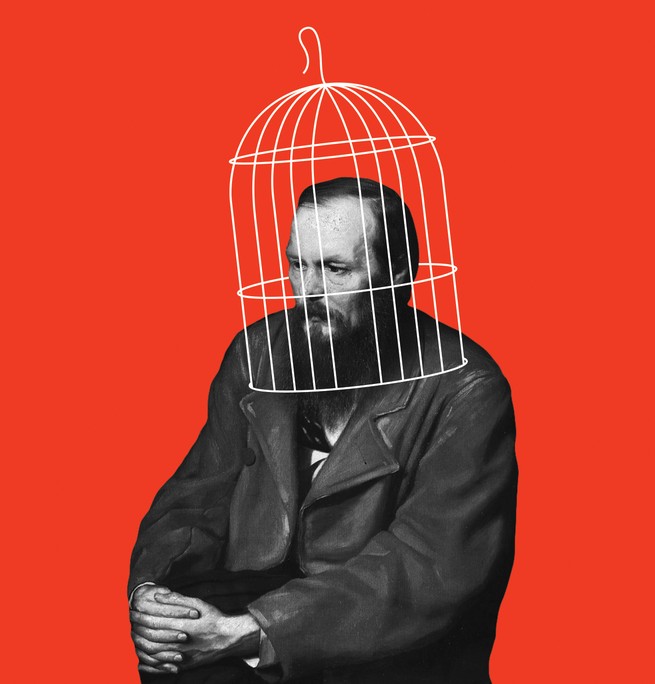 Black and white image of Dostoyevsky sitting with clasped hands with illustrated white cage over his head on red background