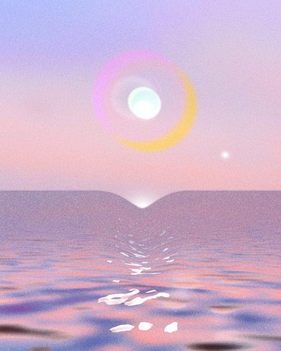 A sun over a pink and purple sea