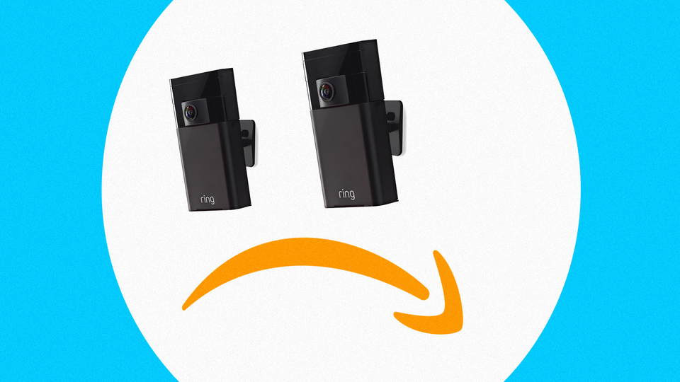 A sad face with two 'Ring' doorbells for eyes and an upside-down Amazon logo for a mouth