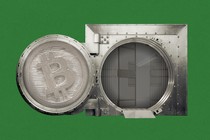 An illustration showing a bank-vault door branded as bitcoin