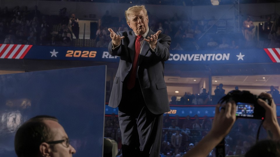 Photograph of Donald Trump with outstretched hands at the 2026 Republican convention