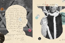 Paper collage of a young boy's silhouette cut out from a black-and-white photograph of a Star of David engraving. Inside the silhouette is a black-and-white photograph of Pope Pius XII.