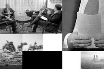A photo collage showing a negotiation table, a document, and war images