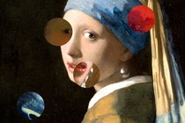 Vermeer's "Girl With a Pearl Earring" painting, with circles containing details from "Girl With a Red Hat" superimposed