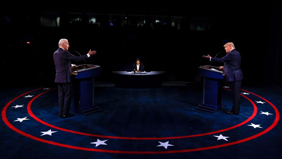 Trump and Biden participate in the final presidential debate at Belmont University, in Nashville, Tennessee, in October 2020.