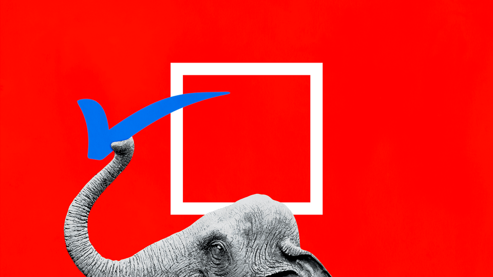 An illustration of an elephant stealing the checkmark from a ballot box.