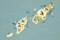 An illustration of small islands covered in the debris left by a storm