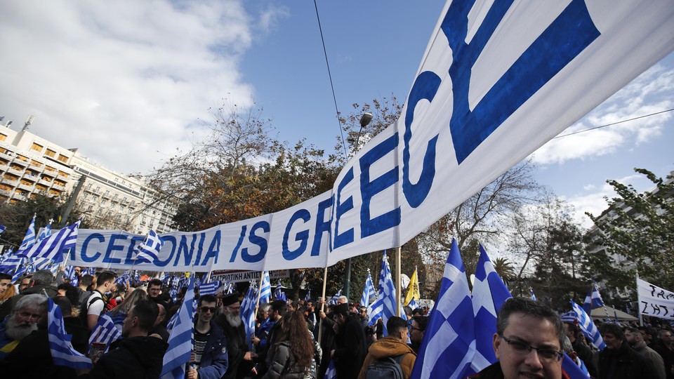 Greeks attend a January protest against a deal that would change Macedonia's name so the country could join NATO.