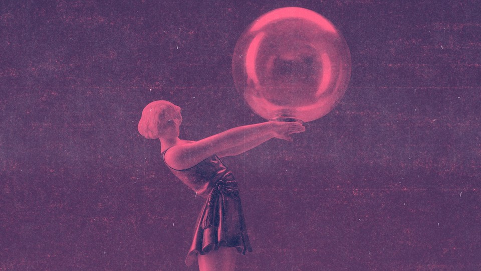 Pink-tinted illustration of a woman with outstretched hands holding a large bubble.