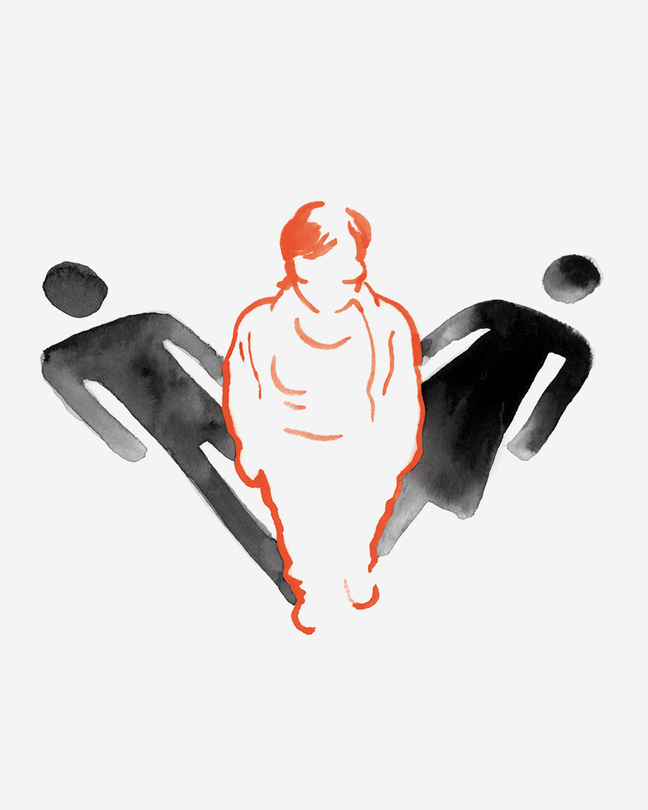 Ilustración de una persona parada y proyectando dos sombras, una el símbolo de baño “masculino” y la otra el símbolo “femenino”