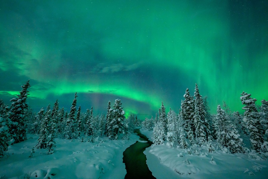 The northern lights glow in the night sky above a stream.