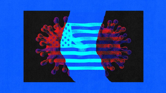 An image of a virus particle torn in half An American flag is in the background