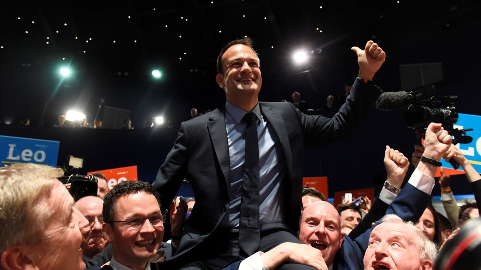 Leo Varadkar celebrates winning the Fine Gael parliamentary elections to replace Prime Minister Enda Kenny as leader of the party in Dublin, Ireland, on June 2, 2017.  