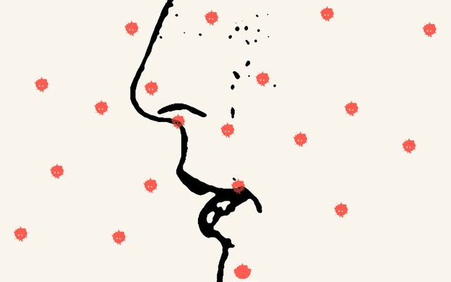 An illustration of a nose and virus droplets