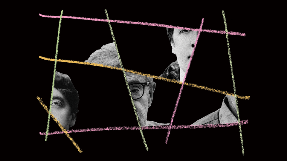 Illustration with pink, orange, and green chalk-like lines crossed over details of black-and-white images of Oscar Wilde and Woody Allen on a black background