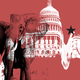An image in red and yellow of the U.S. Capitol and the Republican 'elephant'