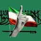 Illustration of a finger pointing upward in front of Iran's national flag
