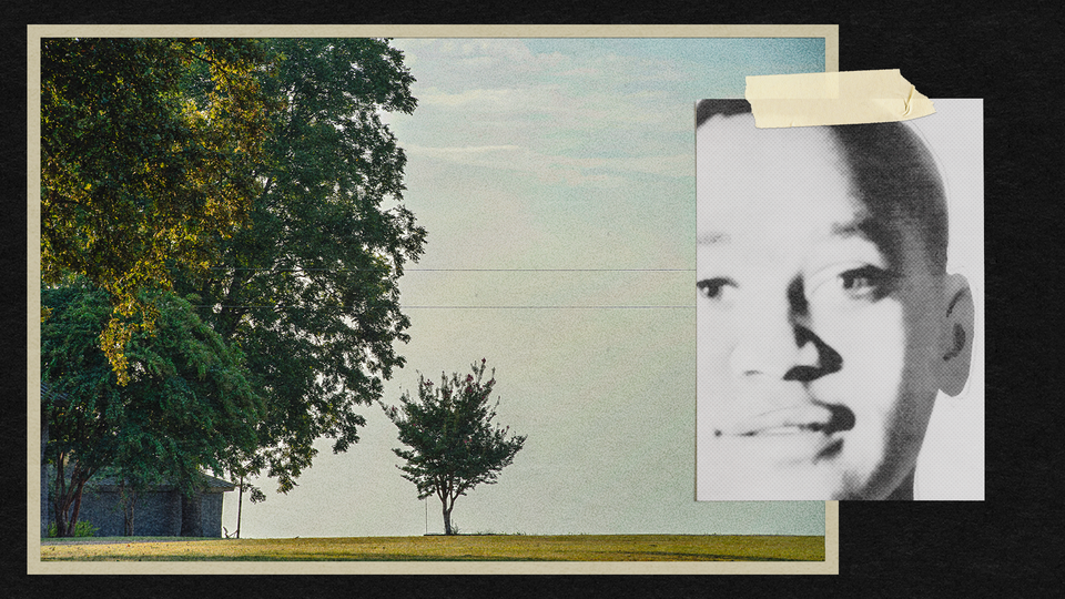 A photo collage with a photo of Emmett Till and a photo of the barn where he was tortured in 1955