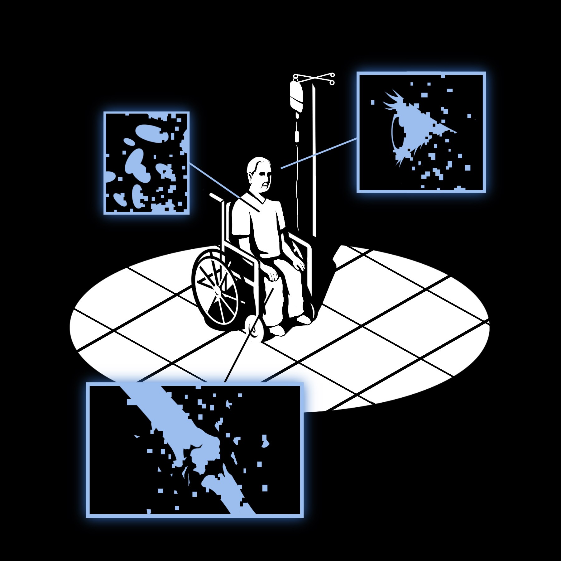 person in a hospital wheelchair with personal health data surrounding them