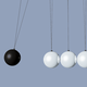 image of a Newton's cradle or pendulum with one black ball swinging to hit 4 stationary white balls on gray background