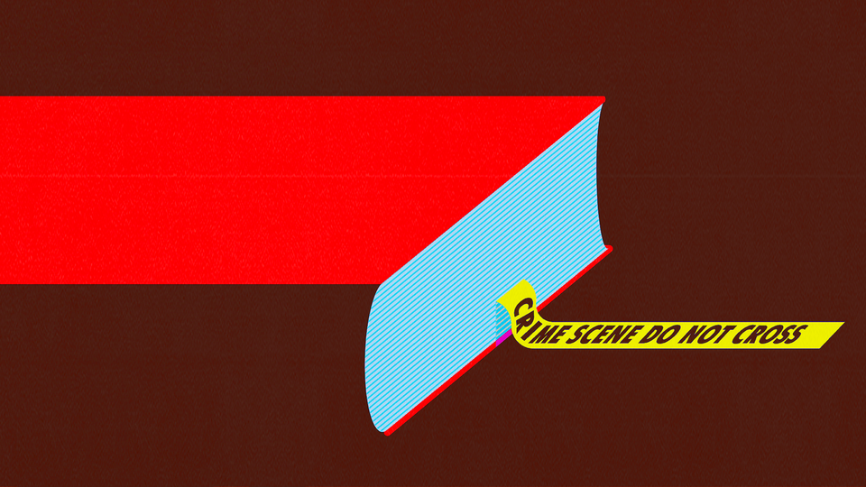 Graphic illustration of a red book with a yellow crime-scene-tape bookmark coming out of its pages