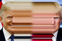 An image of Trump smiling, blurring into another image of him grimacing.