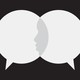 Two speech bubbles, the profile of a person in the space where they overlap