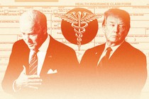 A graphic illustration of Donald Trump and Joe Biden superimposed over a health-insurance-claim form